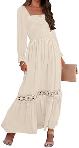 ZESICA Women’s Boho Long Sleeve Square Neck Smocked High Waist Flowy A Line Lace Trim Maxi Dress