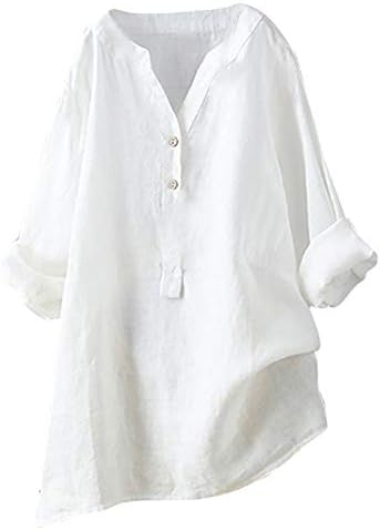 Franterd Women Summer Linen Shirts 2025 Plus Size 3/4 Sleeve Blouse V Neck Button Tunic Tops Trendy Dressy Causal Clothing