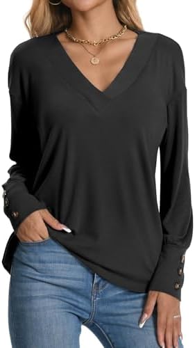 Women’s 2024 V Neck Buttons Down Long Sleeve T Shirts Casual Loose Tops Fall Fashion Basic Blouses