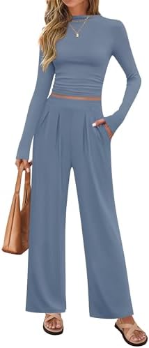 ZESICA Women’s 2 Piece Outfits Set 2025 Casual Long Sleeve Ruched Fitted Crop Top Wide Leg Pants Knit Lounge Sets