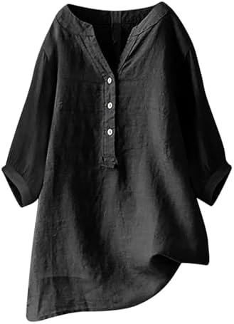 Linen Shirts for Women Summer Beach 3/4 Length Sleeve V Neck Button Tops Dressy Casual Tunic Loose Blouse 2025