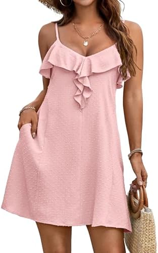 Blooming Jelly Women Swimsuit Coverup Spaghetti Strap Beach Dress Bathing Suit Cover Ups Swiss Dot Sundress with Pocket