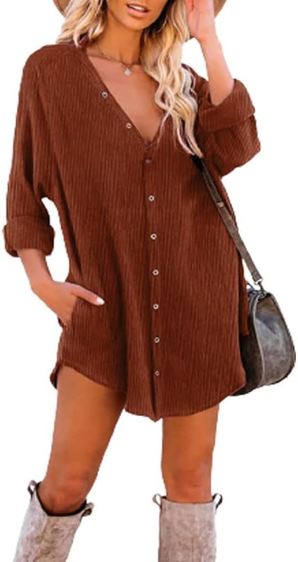 Dokotoo Women’s Corduroy Long Sleeve Button Down Shirts Tunic Dresses with Pockets