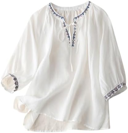 Women’s Cotton Linen Embroidered Tops 2025 Summer Retro Henley 3/4 Lantern Sleeve Shirt Casual Baggy Vacation Blouse