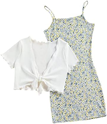 OYOANGLE Girl’s 2 Piece Outfits Floral Print Sleeveless Cute Cami Dresses and Short Sleeve Lettuce Trim Tie Front Top Sets