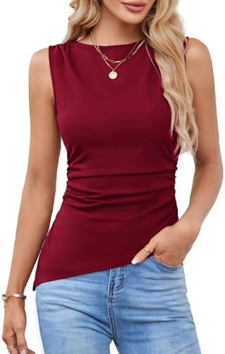 GRACE KARIN Women’s Ruched Tank Tops 2025 Summer Tops Boat Neck Sleeveless Blouses Asymmetrical Basic Going Out Tops