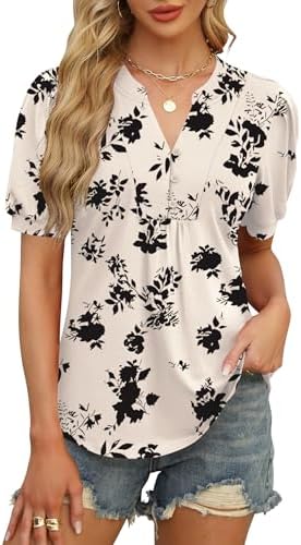 IECCP Womens Tops Puff Short Sleeve Shirts Casual V-Neck Summer Tops Button Down Pleated T-Shirts Loose Fit Tunic Blouses