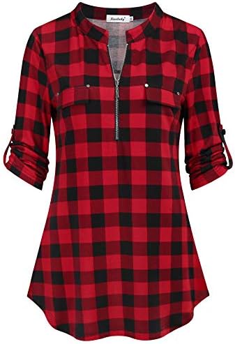 Ninedaily Women’s 3/4 Sleeve Plaid Shirts Zip Floral Casual Tunic Blouse Tops