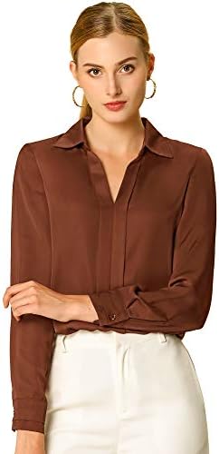 Allegra K Women’s Satin Blouse Elegant V Neck Long Sleeve Silky Dressy Office Work Shirt 2024