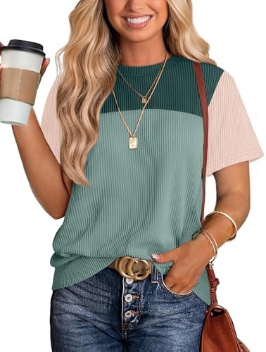 WIHOLL Womens Fashion 2025 Color Block Shirts Short Sleeve Crewneck Knitted Spring Summer Tops Casual Trendy