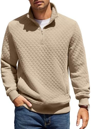 COOFANDY Mens Quarter Zip Pullover Quilted Sweatshirt Knit Long Sleeve Mock Neck Sweater Polo with Pocket