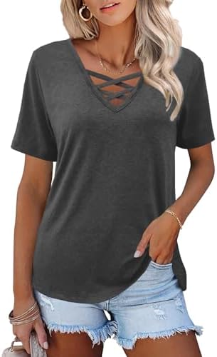 Womens Tops Short Sleeve V Neck Shirts Loose Casual Blouses Summer Tees Criss Cross