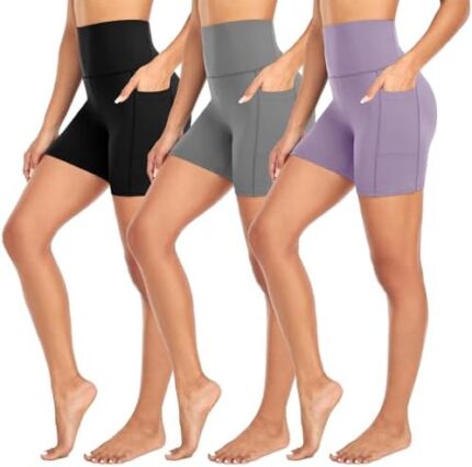 MOREFEEL 3 Pack High Waisted Biker Shorts for Women with Pockets – 5″ Super Soft Workout Yoga Women’s Novelty Shorts