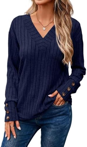 Dokotoo Womens Soft Long Sleeve V Neck Shirts Solid Casual Decorative Buttons Knitted Pullover Tunic Tops