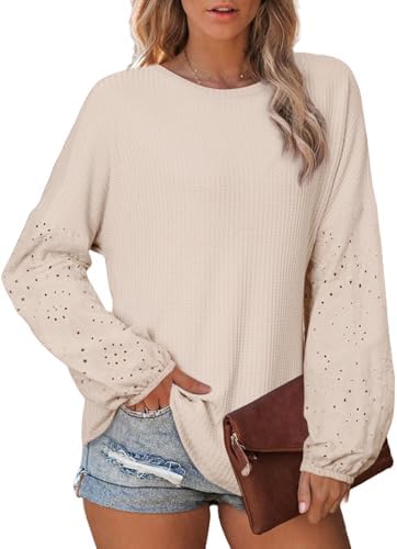 SHEWIN Long Sleeve Shirts for Women Casual Crewneck Waffle Knit Hollow Out Tunic Tops Loose Fit