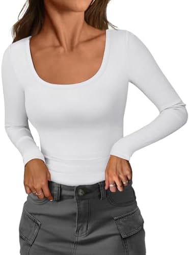 ATHMILE Womens Long Sleeve Scoop Neck Ribbed Knit Fitted Casual Tops Tee Slim Basic Shirts