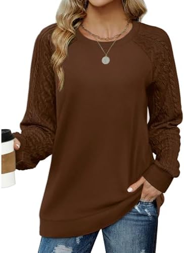 Womens Crewneck Cable Knit Sleeve Sweatshirts Lightweight Pullover Tunic Tops Long Sleeve Shirts Trendy Fall Clothes