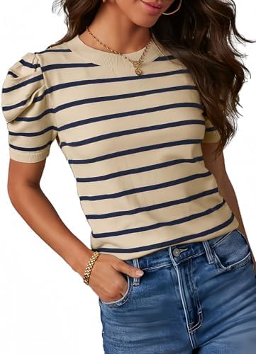 Dokotoo Women’s Short Puff Sleeve Knit Tops 2025 Trendy Crewneck Striped T Shirts Casual Summer Blouses