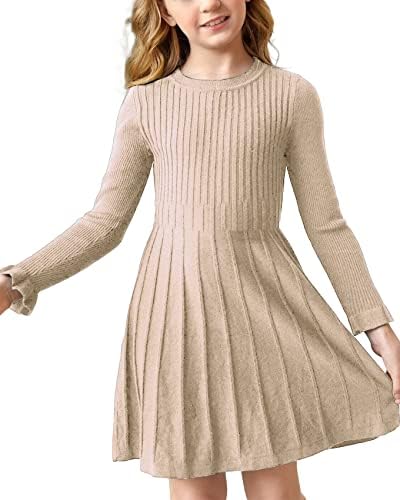 Little Girls Knit Sweater Dress Long Sleeve Ribbed Ruffle Dress Kids Pullover Dresses