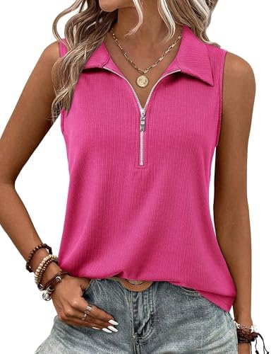 Vivilli Womens Ribbed Tank Top Zipper V Neck Dressy Casual Blouses Sleeveless Camisole Tops Work Tank Polo Shirts