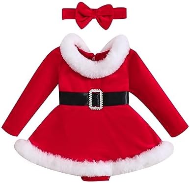 Baby Girl Christmas Dress Santa Claus Romper Dress Red Velvet Long Sleeve Princess Tulle Dress with Headband