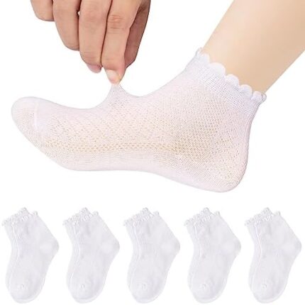 Looching 5 Pairs Toddler Baby Girls Mesh Thin Socks Summer Ruffle White Cotton Soft Low Cut Ankle Dress Socks for 2-8T Kids