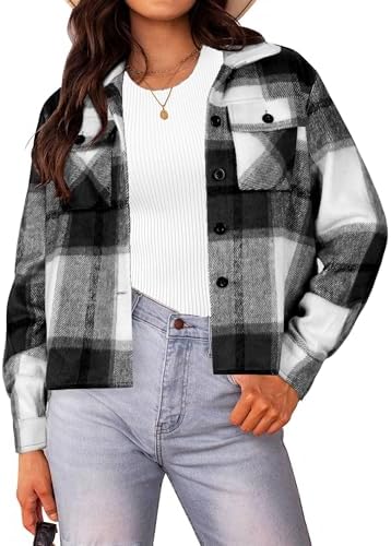 HOTOUCH Womens Flannels Fall Cropped Shacket Plaid Jacket Long Sleeve Button Down Coat 2024 Fall Fashion Trendy Outfits