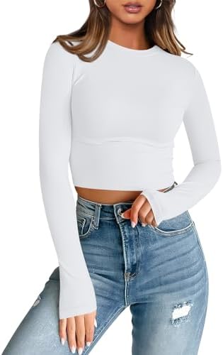 Trendy Queen Womens Long Sleeve Crop Tops Basic Slim Fitted Shirts Casual Fashion 2024 Going Out Y2k Tops Teen Girl Clothes