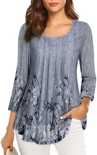 VALOLIA Women’s 3/4 Sleeve Tunic Tops Casual Loose Fit Floral Blouses Mesh Pleated Layered Shirt