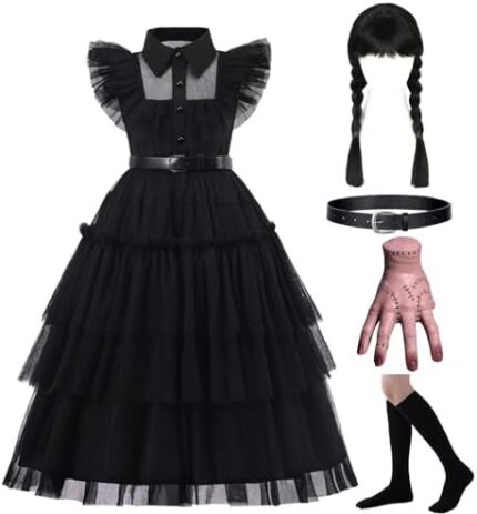 Black Costume Dress, 4-13 Years Girls Outfits with Accessories Dress Up Set, Family Halloween Cosplay Party