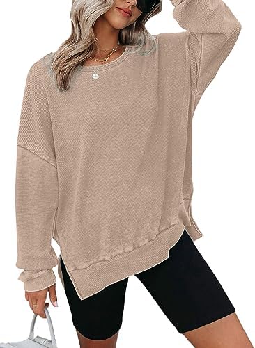 Dokotoo Womens Oversized Waffle Knit Crewneck Sweatshirts Long Sleeve Side Slits Casual Pullover Sweatshirt Tops