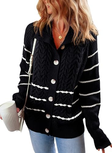 Dokotoo Women’s 2024 Fall Long Sleeve Striped Sweater Open Front Chunky Cable Knit Cardigans Sweaters Button Outerwear Coats