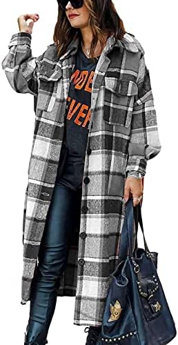 Peaceglad Women’s Lounge Lapel Button Up Long Sleeve Plaid Long Shirt Jacket Shacket