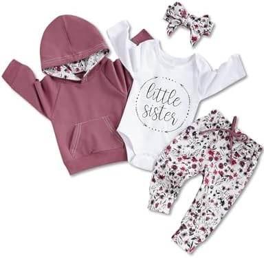 oklady Baby Girl Clothes,Little Sister Romper Hoodie Tops Floral Pant with Cute Headband 4PCS Baby Girl Fall Outfits