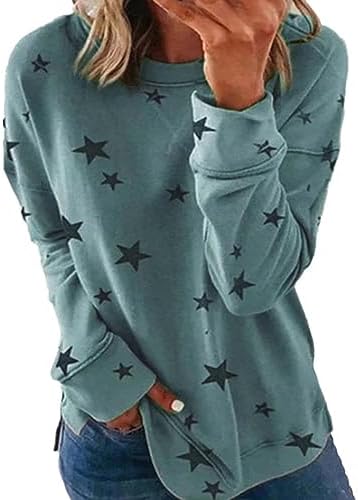 Womens Sweatshirt Crew Neck Star Graphic Pullover Tops 2024 Fall Casual Long sleeve Oversized Sweatshirt, Blue