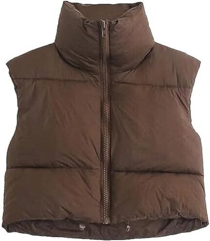 Shiyifa Women’s Fashion High Neck Zipper Cropped Puffer Vest Jacket Coat