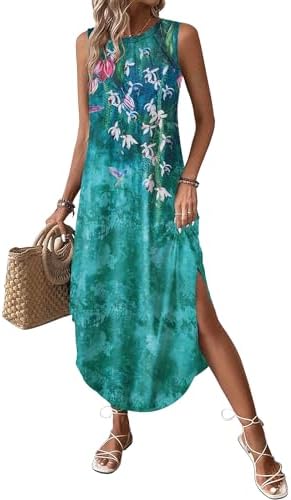 Zeagoo Women Floral Summer Dress Casual Beach Dress Printed Tank Dress with Pockets Pleated Front Long Dress