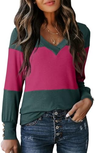 Dokotoo Womens Tops 2024 Spring Color Block Long Sleeve Shirts V Neck Dressy Casual Blouses