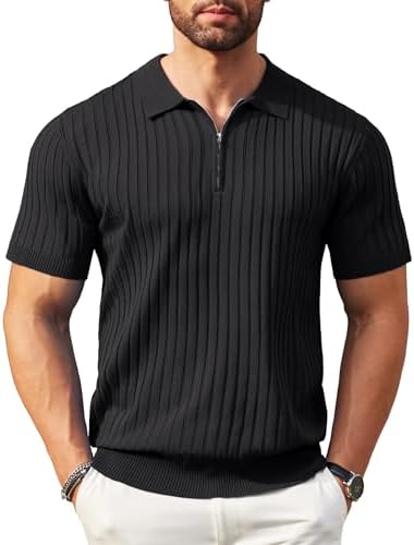 COOFANDY Men’s Zipper Polo Shirts Short Sleeve Ribbed Knit Polo T Shirts Fashion Casual Golf Shirts