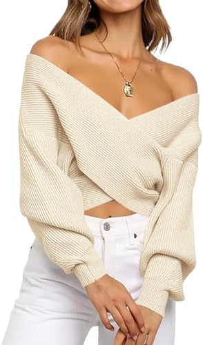 BTFBM Women Casual V Neck Long Sleeve Sweaters Cross Wrap Front Off Shoulder Asymmetric Hem Knitted Crop Solid Pullover