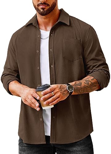 COOFANDY Men’s Waffle Button Down Shirts Casual Long Sleeve Shacket Jacket with Pockets