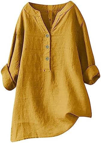 Womens Cotton Linen Tunic Tops Boho Peasant Summer Top Trendy Long Sleeve Button V Neck Shirts Dressy Casual Blouses