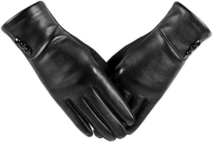 Winter Fashion Leather Gloves for Women, Touch Screen Wool Lined Outdoor Windproof Warm Suede Driving Dress Gloves