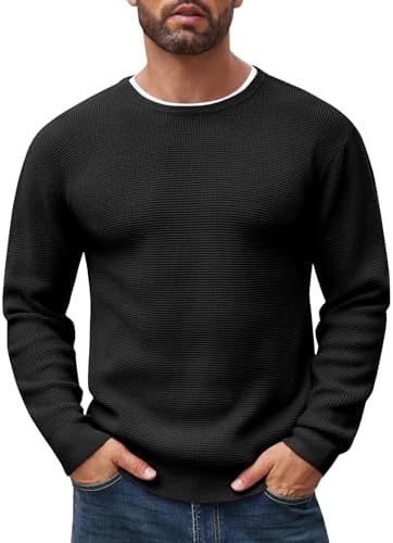 COOFANDY Men’s Crewneck Sweater Waffle Textured Pullover Sweaters Soft Midweight Knitted Sweaters