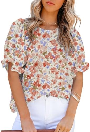 Dokotoo Floral Print Blouses for Women Crewneck Smocked Puff Sleeve Shirts Casual Babydoll Tops