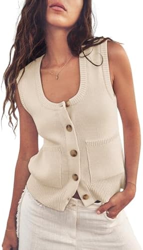 Yousify Womens Sweater Vest Summer Ribbed Tank Tops Sleeveless Button Down Shirts Scoop Neck Top for Women