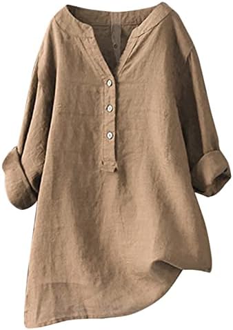 Plus Size Linen Shirts for Women 2025 Buttons V Neck Long Sleeve Tops Summer Trendy Blouses Casual Loose Tunic Tops