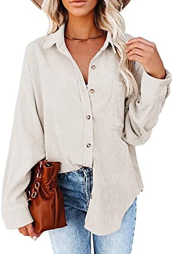 Astylish Women Corduroy Shirts Casual Long Sleeve Button Down Blouses Top