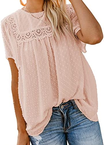 Dokotoo Womens Crewneck Lace Crochet Pom Pom Flowy Short Sleeve Casual Shirts Blouses Tops