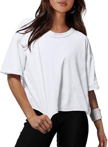 XIEERDUO Cotton Tshirts for Women Drop Shoulder Round Neck Oversized Crop Tops Workout Tops Tees